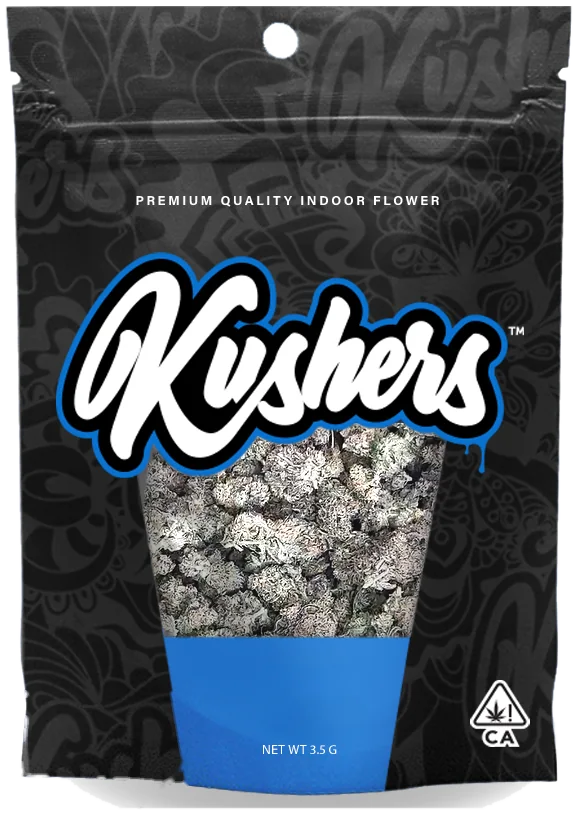 Front of the Kushers flower bag with window and strain label