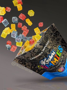 Kushers cannabis-infused gummies bag with gummies in the air